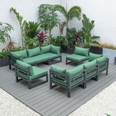 LEISUREMOD Chelsea 8-Piece Patio Sectional Black Aluminum With Green Cushions CSCMBL-8G